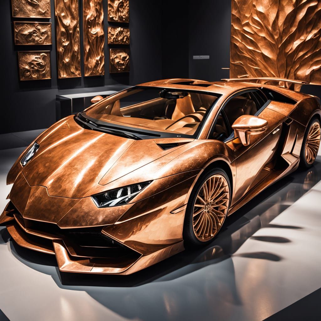 Copper Lamborghini Sculpture in Modern Museum Setting