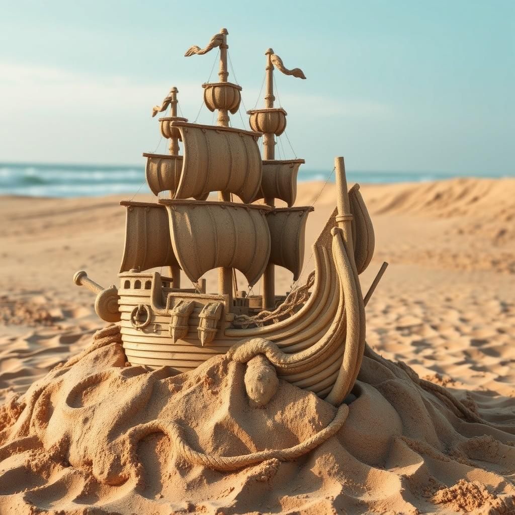 Pirate Ship Sand Sculpture on a Golden Beach