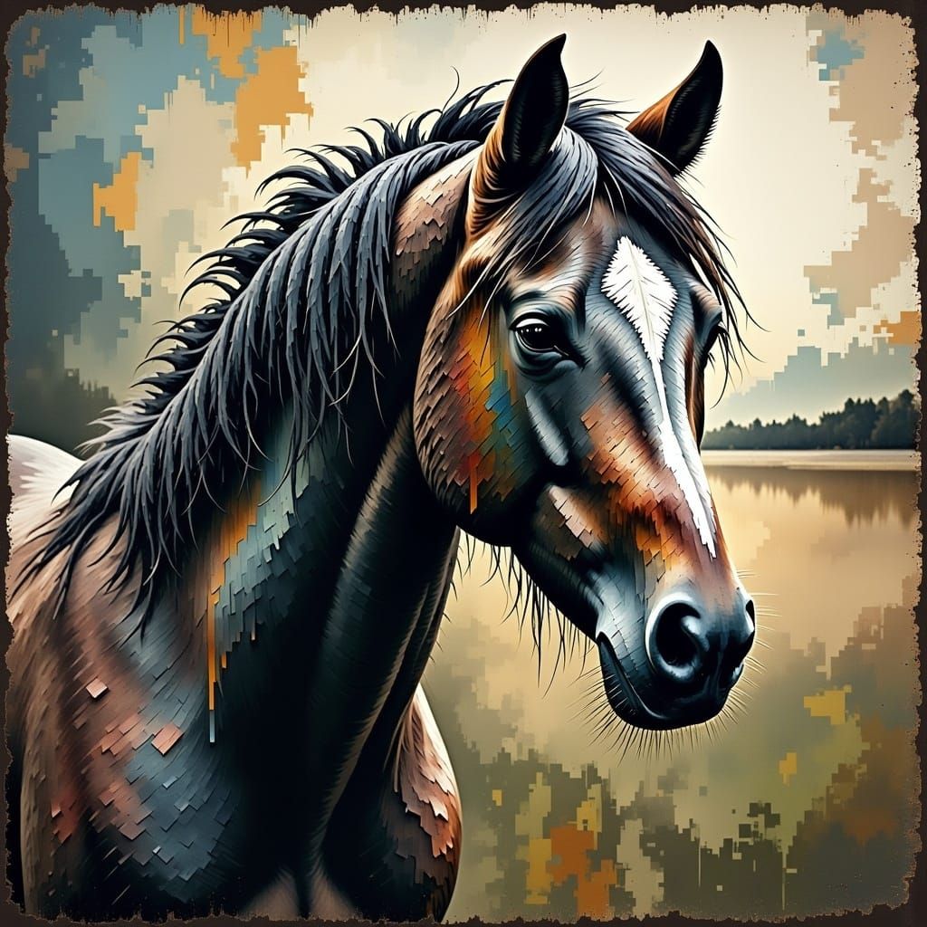 Wild Horse in Expressionist Pixelated Landscape
