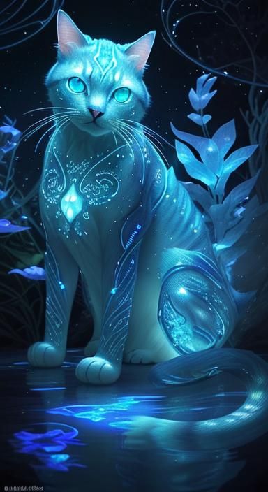 Bioluminescent Crystal Cat Underwater Fantasy Artwork