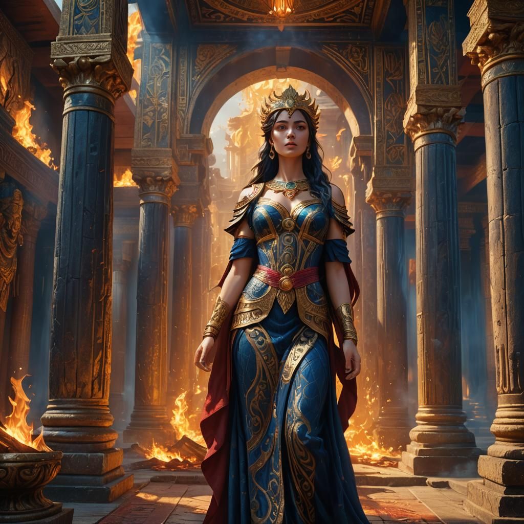 Hestia in Mystical Flame Temple: Oil Painting