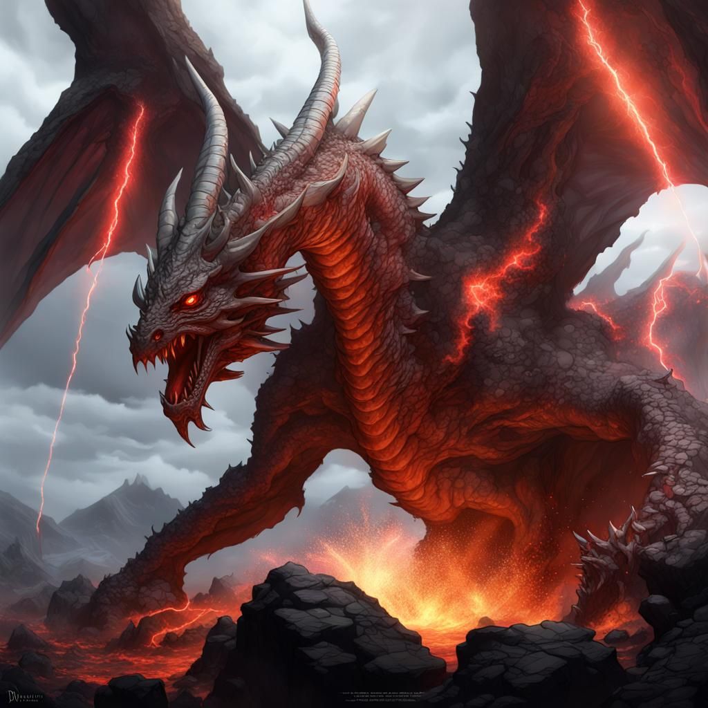 Quartz Dragon Dominates Volcano in Dark Fantasy Art