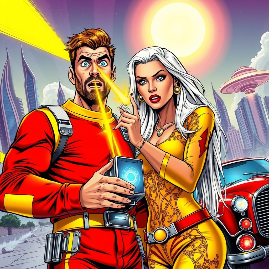 Hero in Vibrant Red Jumpsuit Illuminates Cityscape in Retro-...