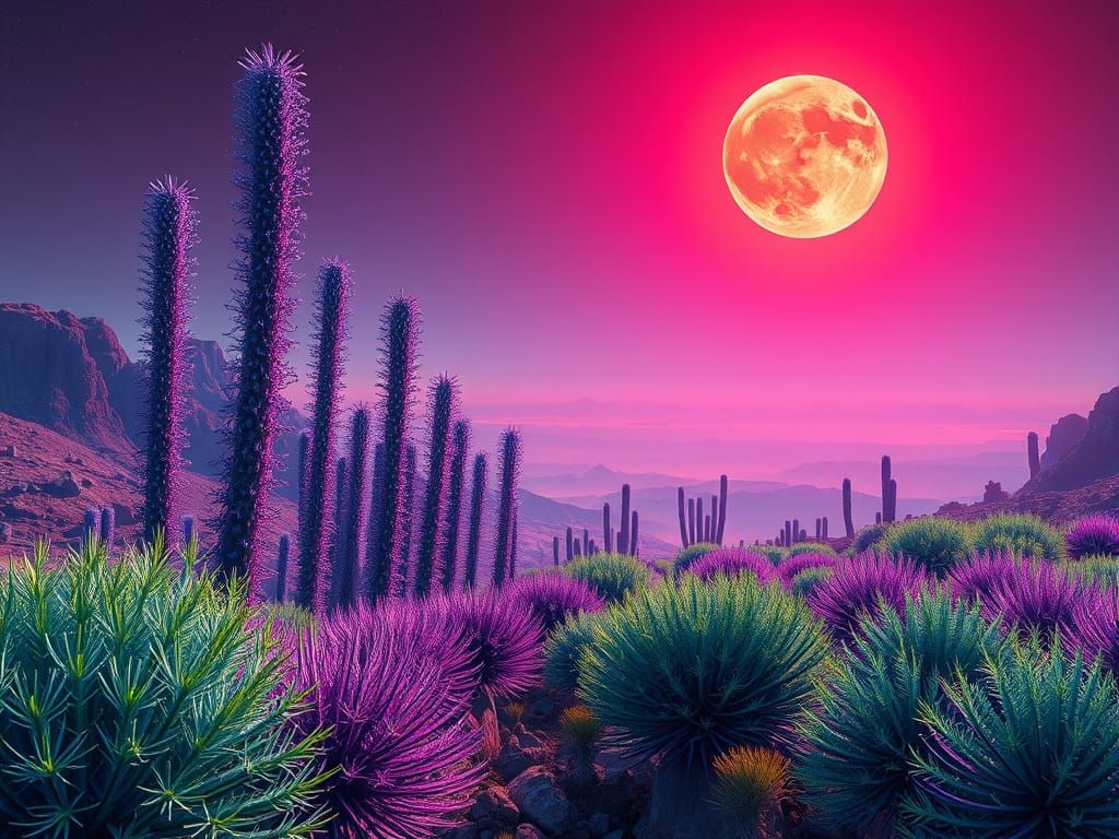 Surreal Alien Landscape with Neon Flora and Red Sun