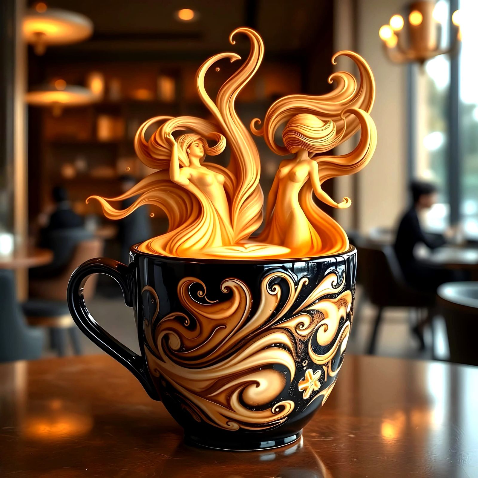 Surreal Latte Art: Flowing Female Figures in Coffee