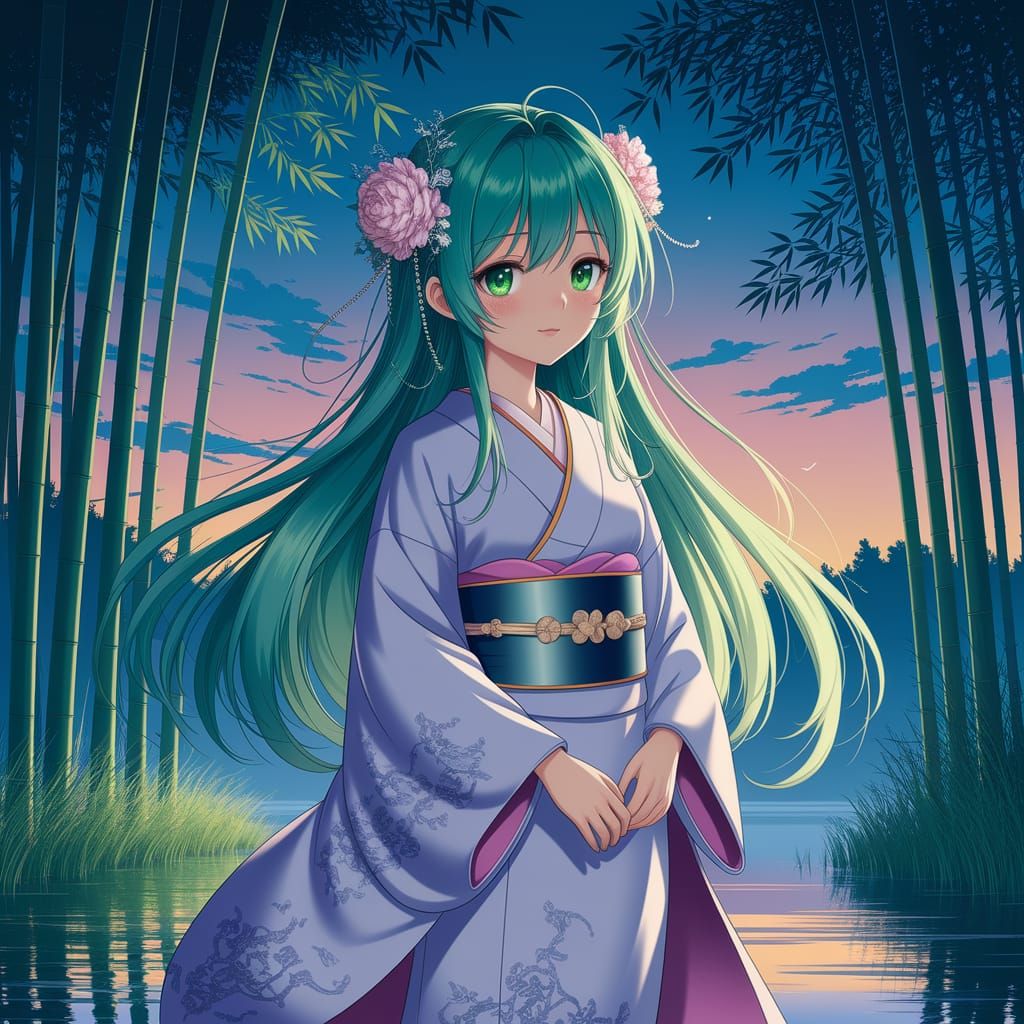Anime Woman in Bamboo Forest at Twilight