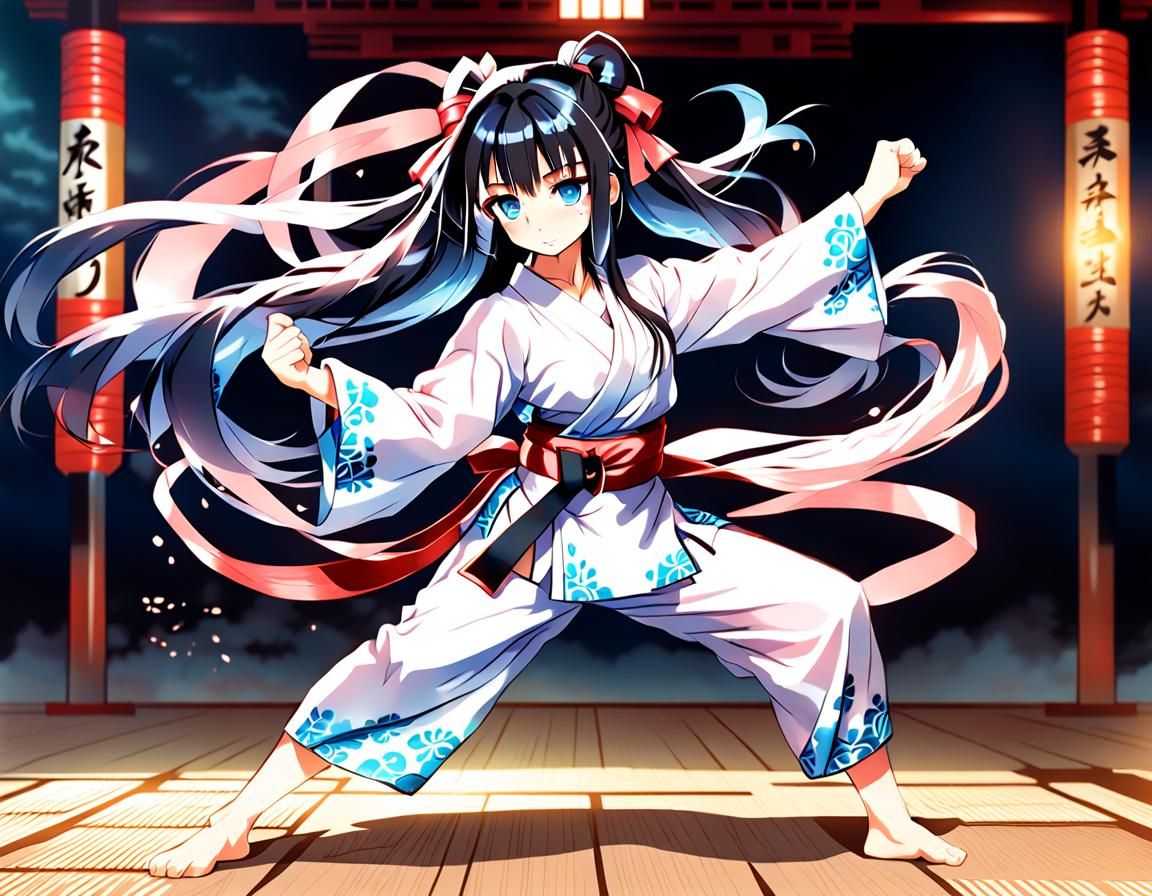 Fighter Girl in Dojo with Light Kimono