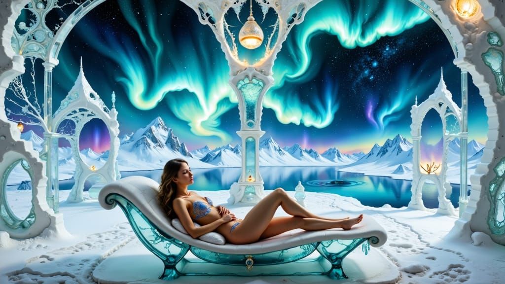 A luxurious crystalline ice hotel suite illuminated by ethereal aurora borealis II