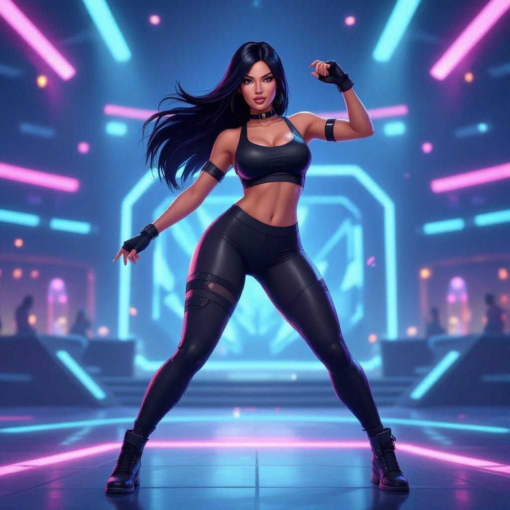 Curvy Woman Dancing in Futuristic Fortnite Arena