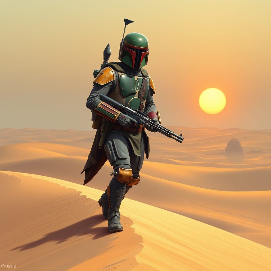 Mandalorian Bounty Hunter on Tatooine's Dunes