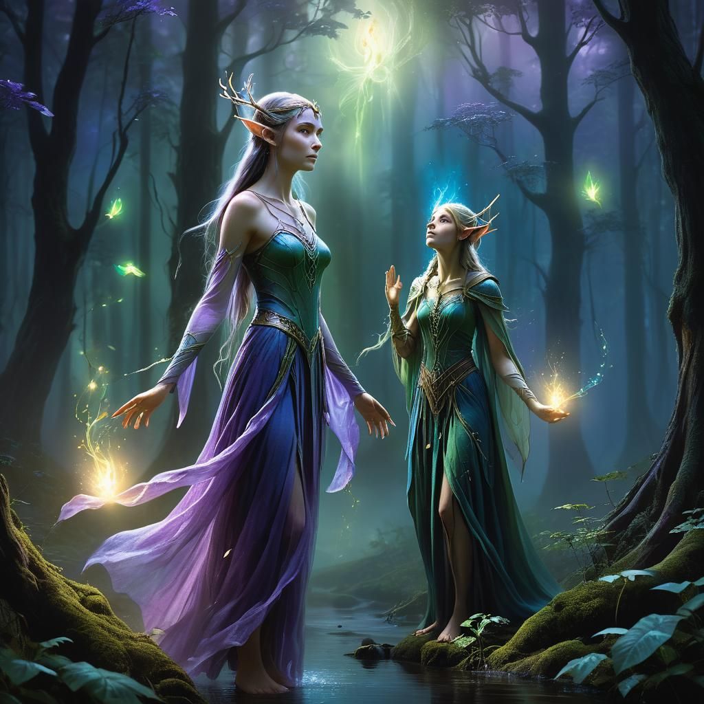 Mystical Elven Maiden and Will-o'-the-Wisp in Forest