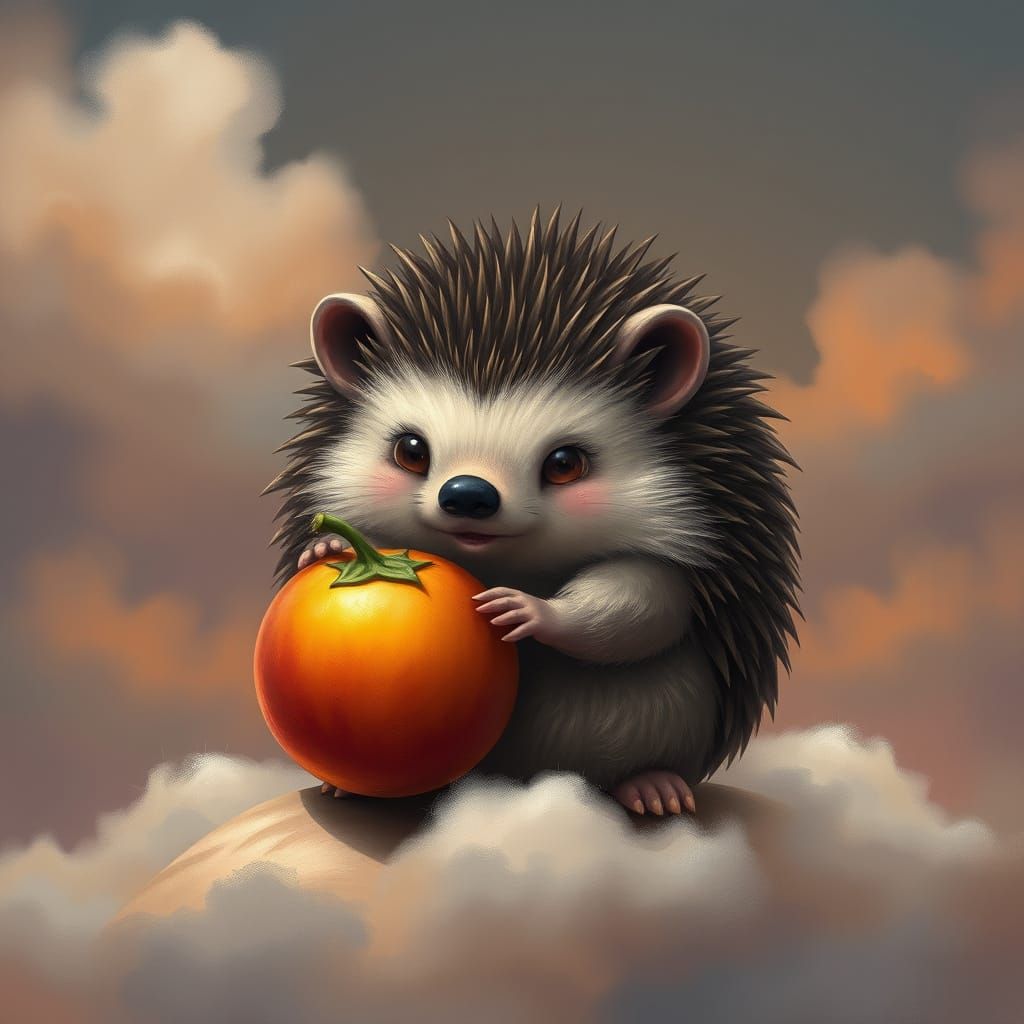 Whimsical Hedgehog Holding Fruit in Dreamy Landscape