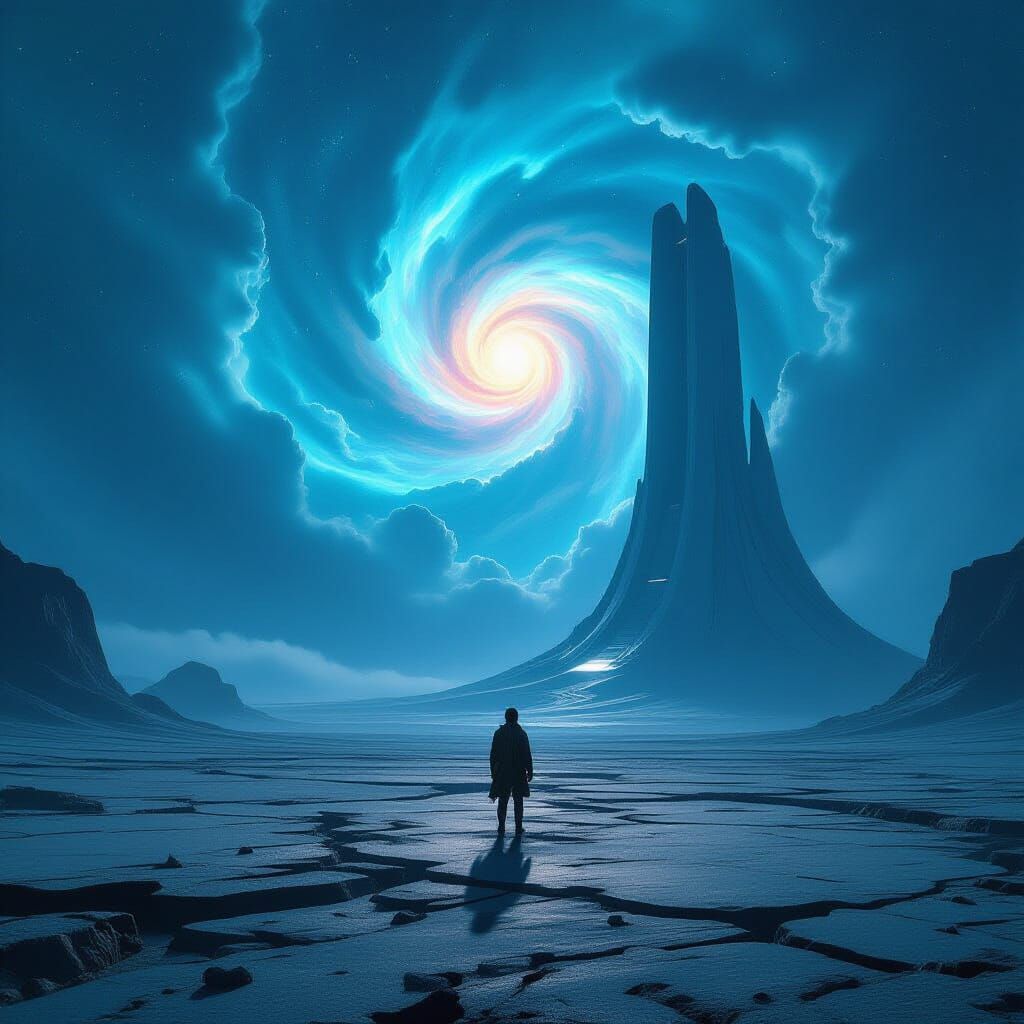 Alien Planet Nebula: Lone Figure & Cosmic Structure