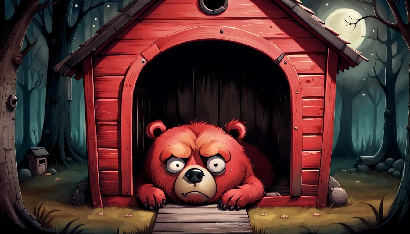 Grumpy Bear Wakes in Storybook Dog House