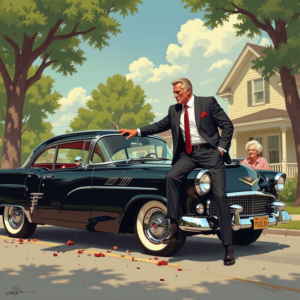 Vince McMahon Car Crash in Rockwell-esque Style