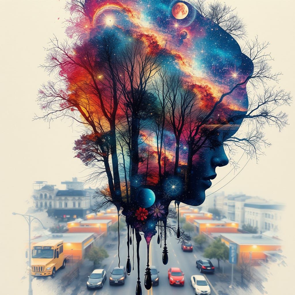 Surreal Double Exposure of Vibrant Galaxy and Cityscape in W...