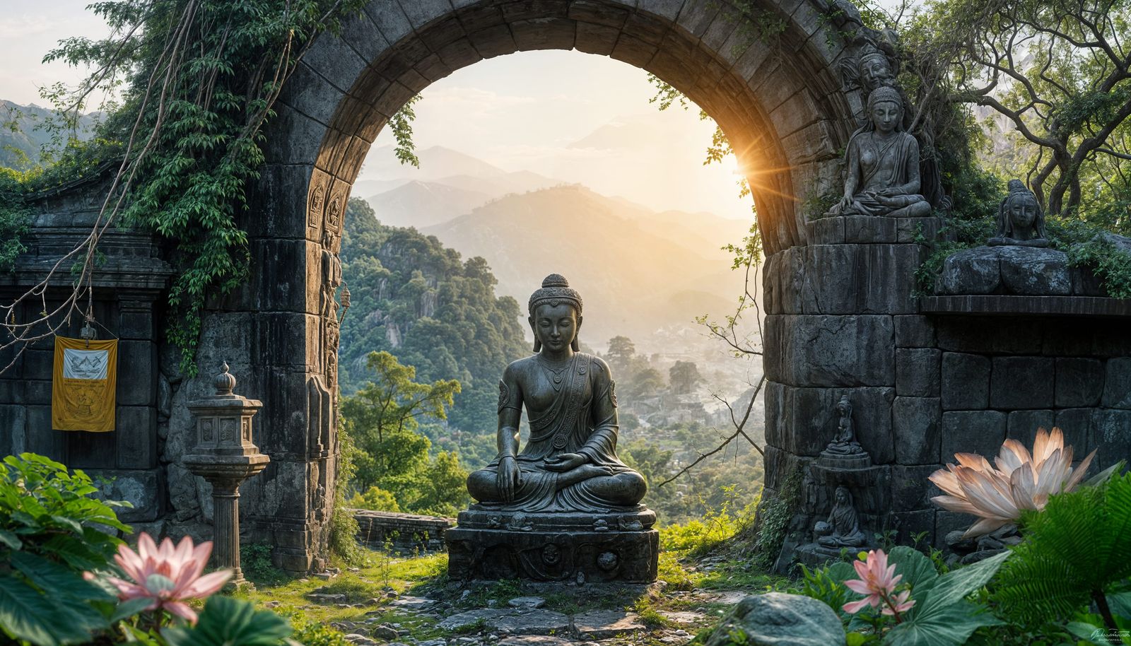 Moss-Covered Buddha in Overgrown Cemetery