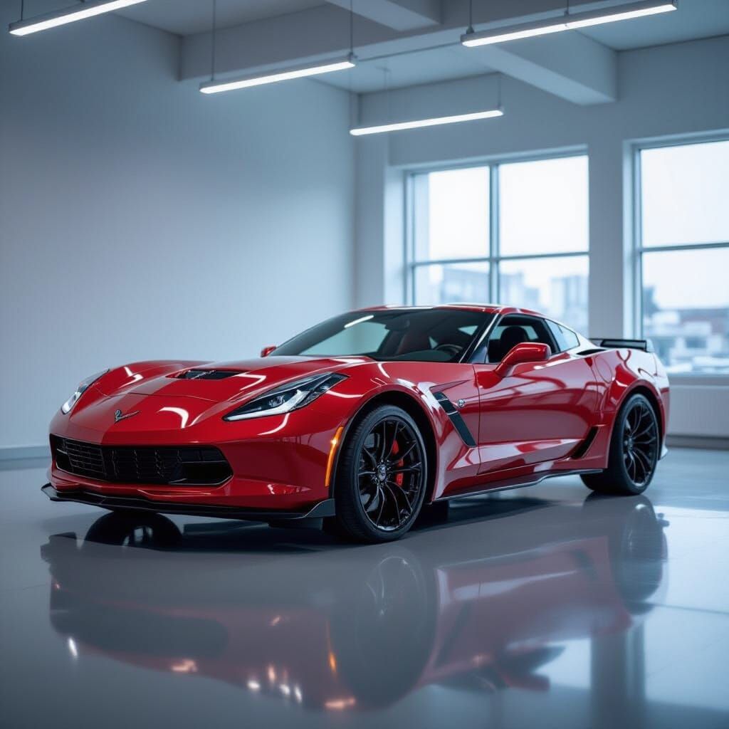 Dramatic Red Corvette in Showroom, Cinematic Style