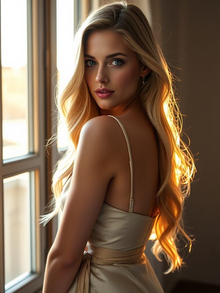 Elegant Woman in Satin Slip, Bathed in Soft Golden Light