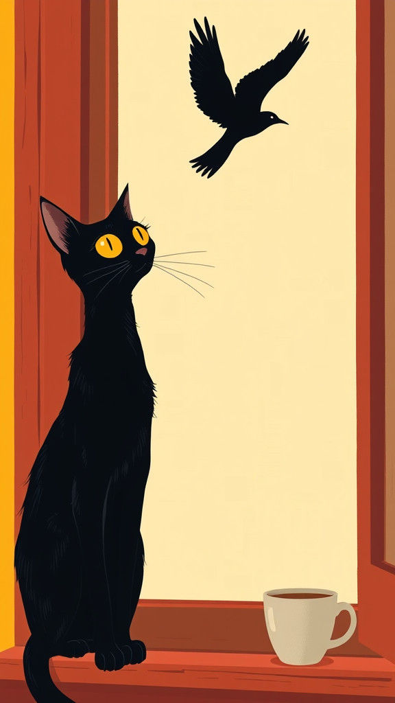 Black Cat Gazing at Bird, in Charley Harper Style