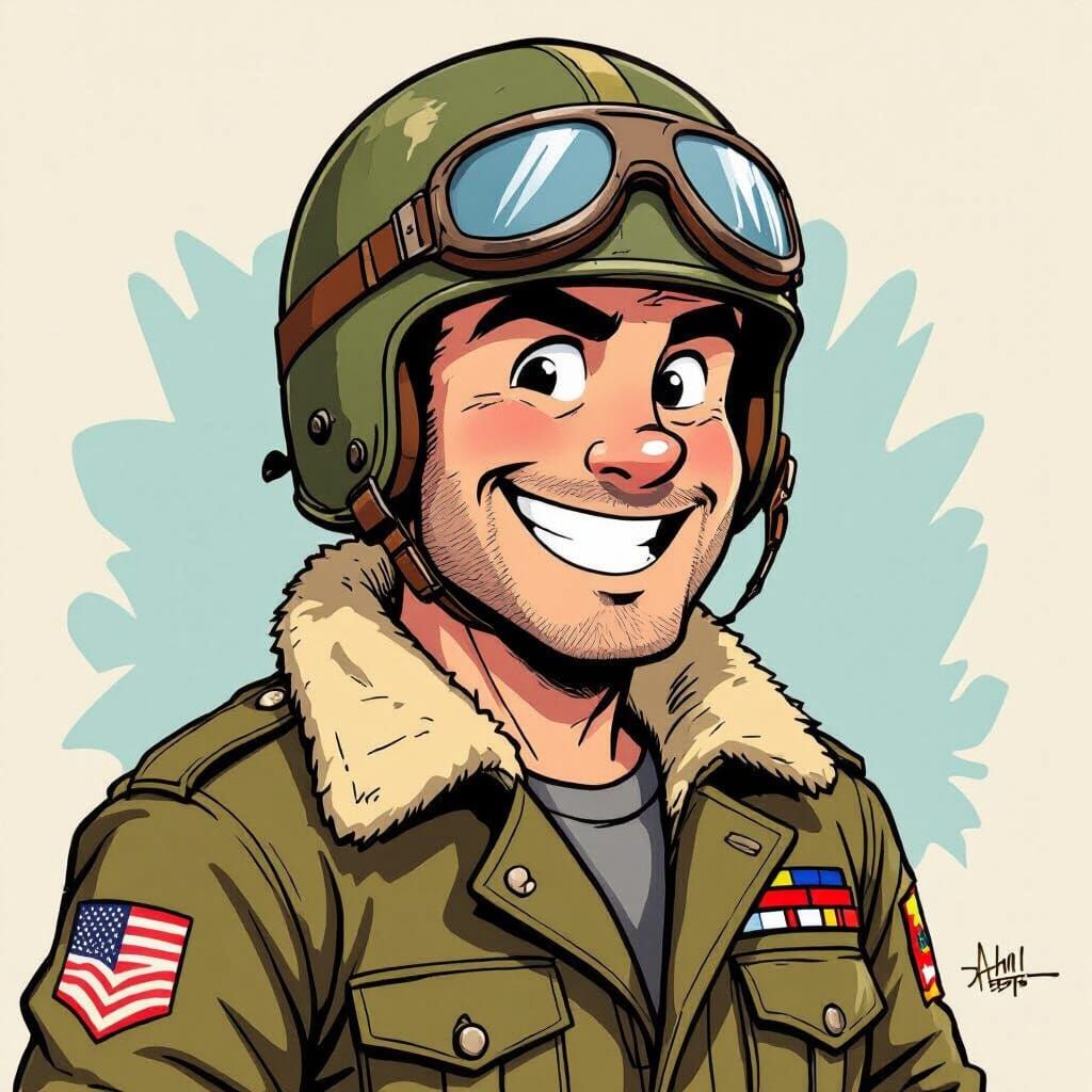 Bam Bam Cartoon Profile in Vintage Pilot Gear