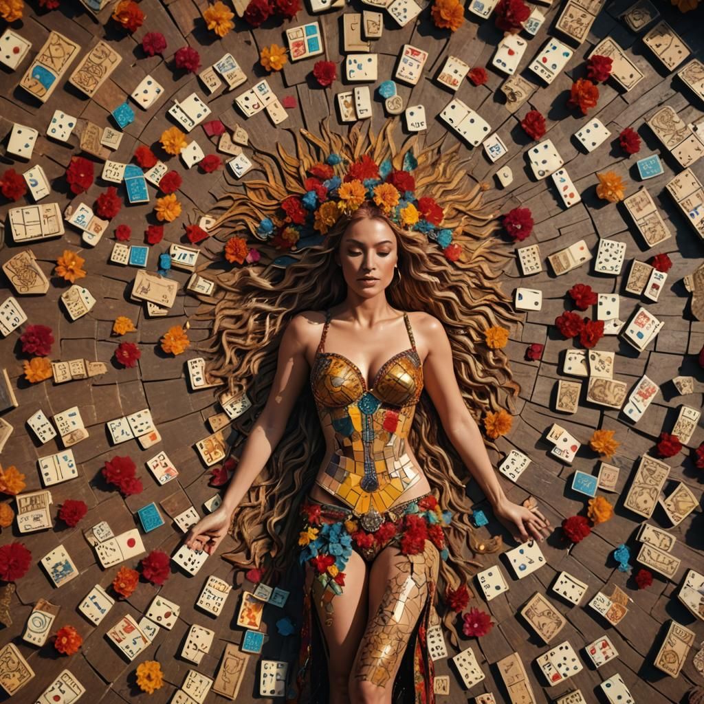 Woman Surrounded by Dominoes and Flowers