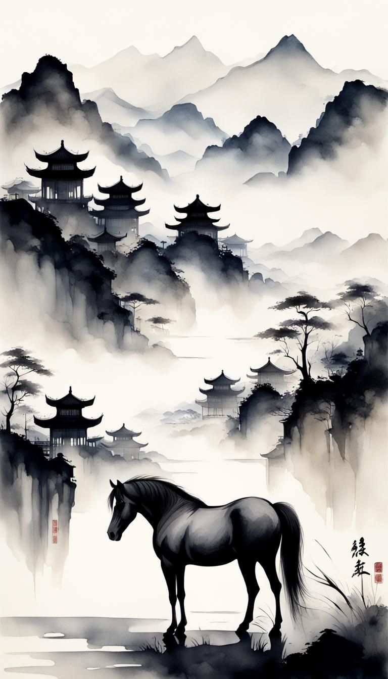 Minimalist Chinese Ink Painting of a Horse