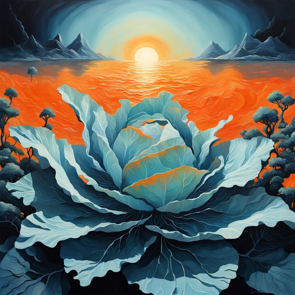 Surreal Cabbage Painting at Sundown in Cyberpunk Style