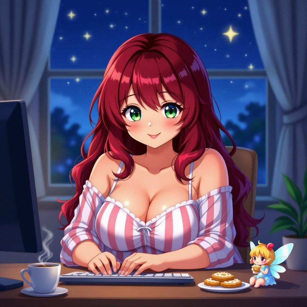 Anime Woman at Computer in Studio Trigger Style