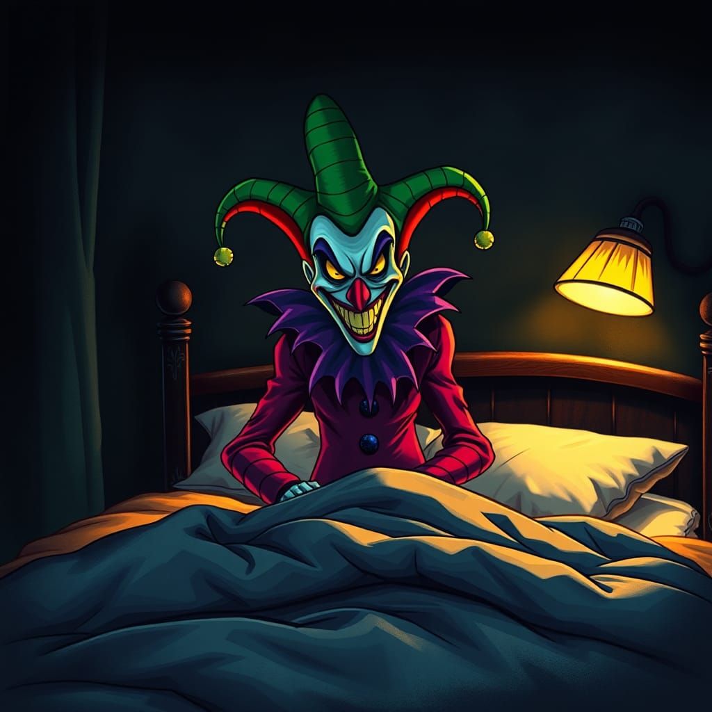 Sinister Jester Emerging from Shadows in Neon Whimsy