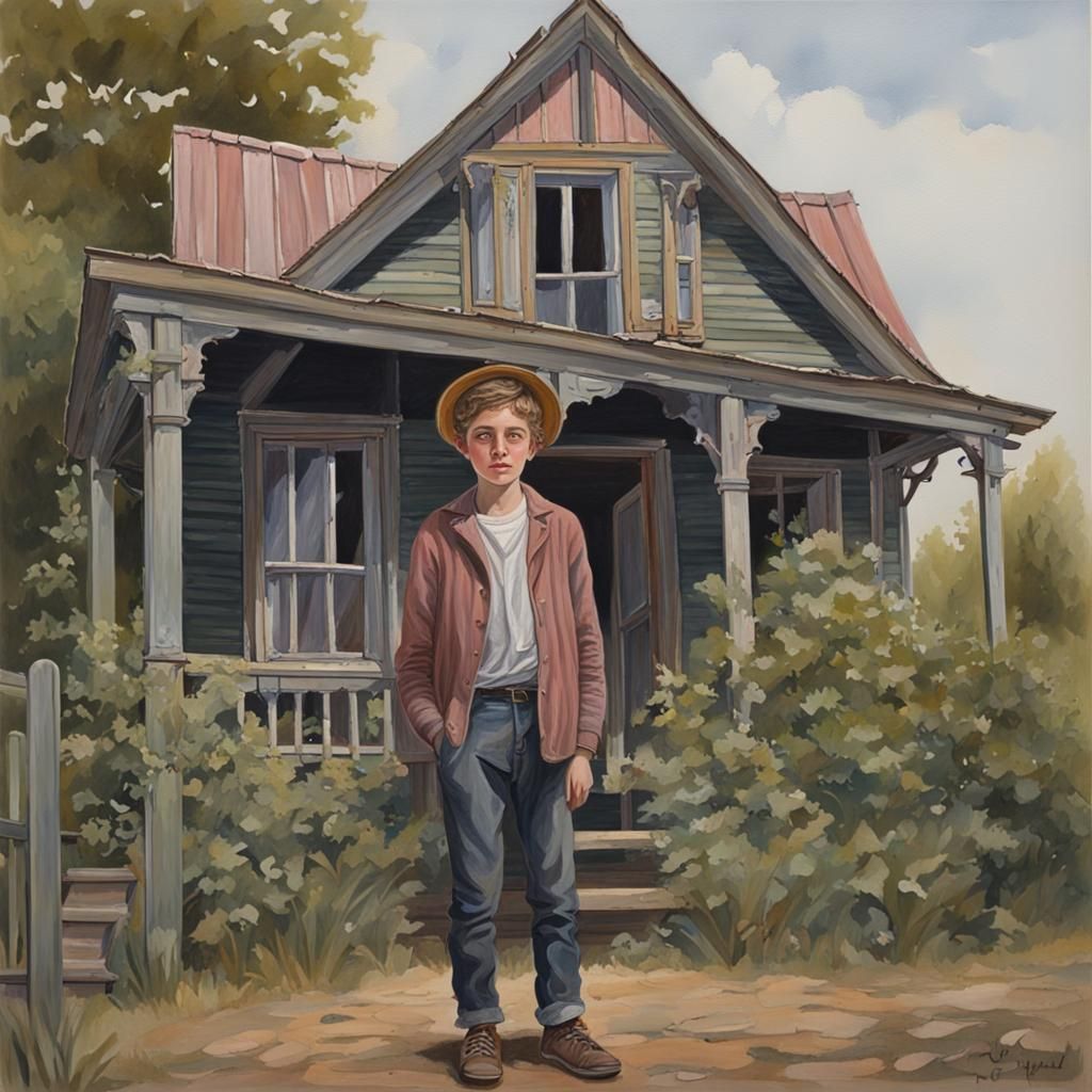 Victorian Teenager in Old Boardinghouse: Gouache Painting