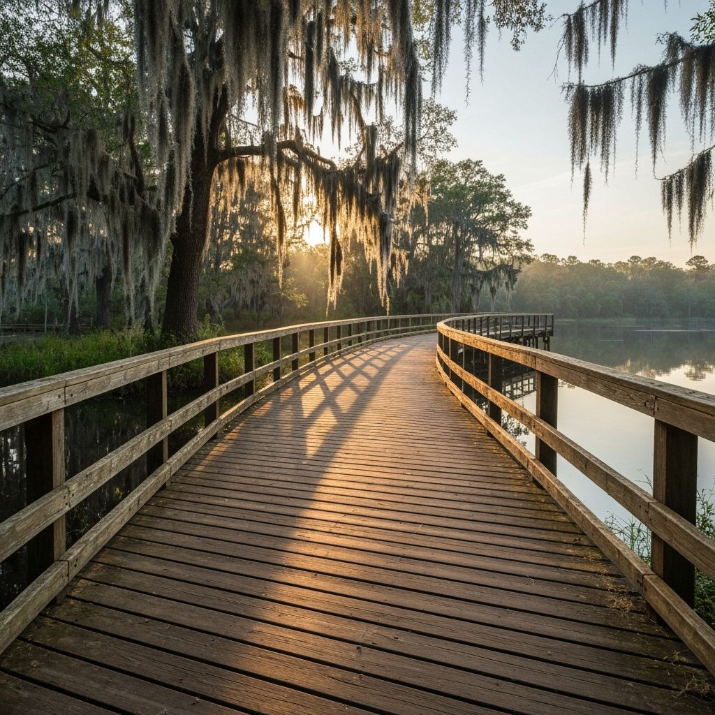 Tranquil Boardwalk at Sunrise: A Detailed Photograph