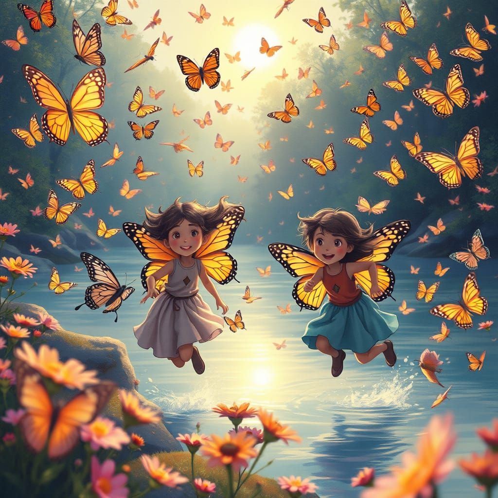 Children and Colorful Butterflies in a Vibrant River Landsca...