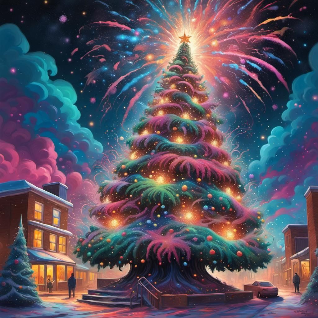 Starry Christmas Tree Fireworks in Detailed Mixed Media
