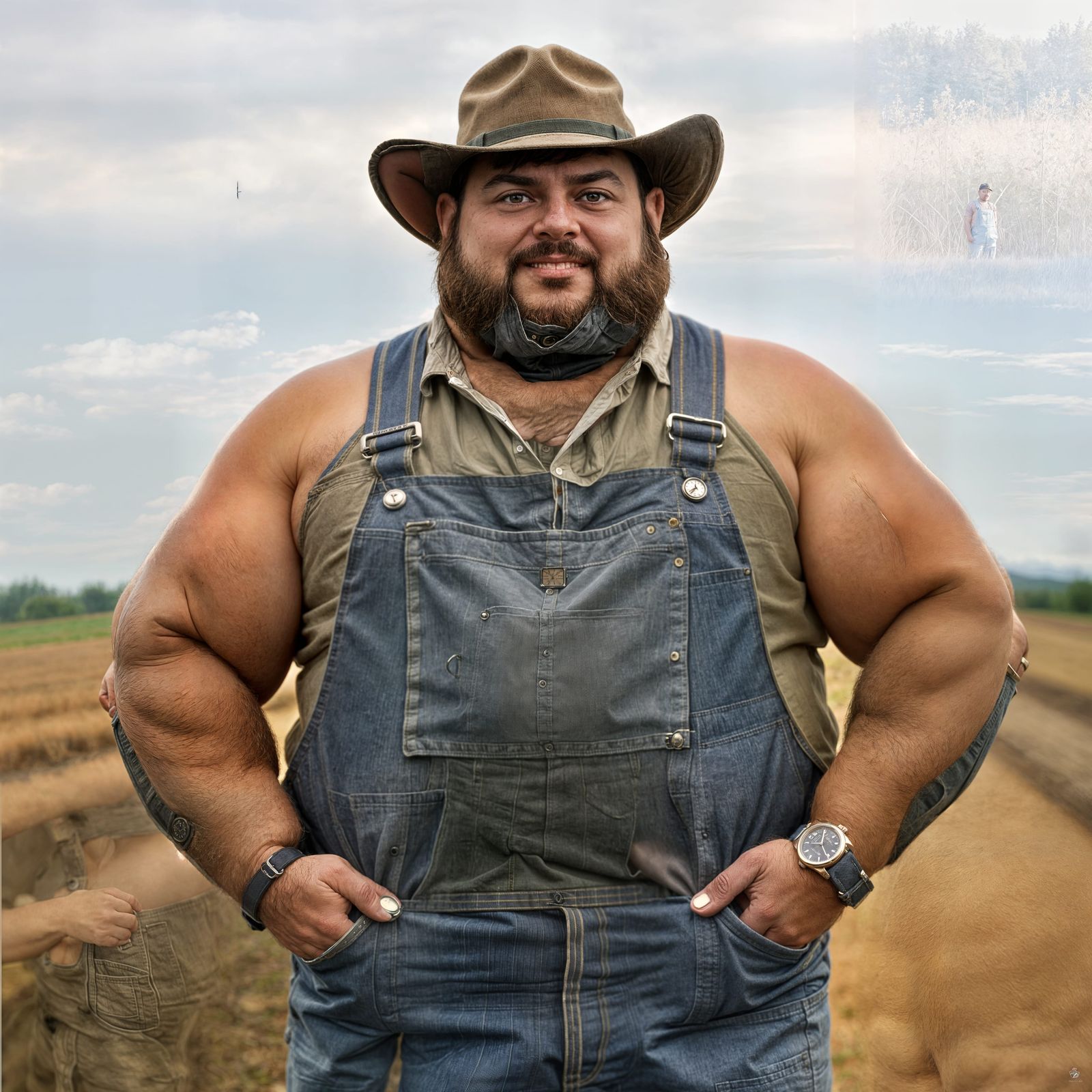 Chubby Buff Farmer in Overalls with Double Watches