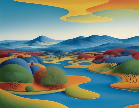 Dreamlike River Landscape in Vibrant Surrealist Style