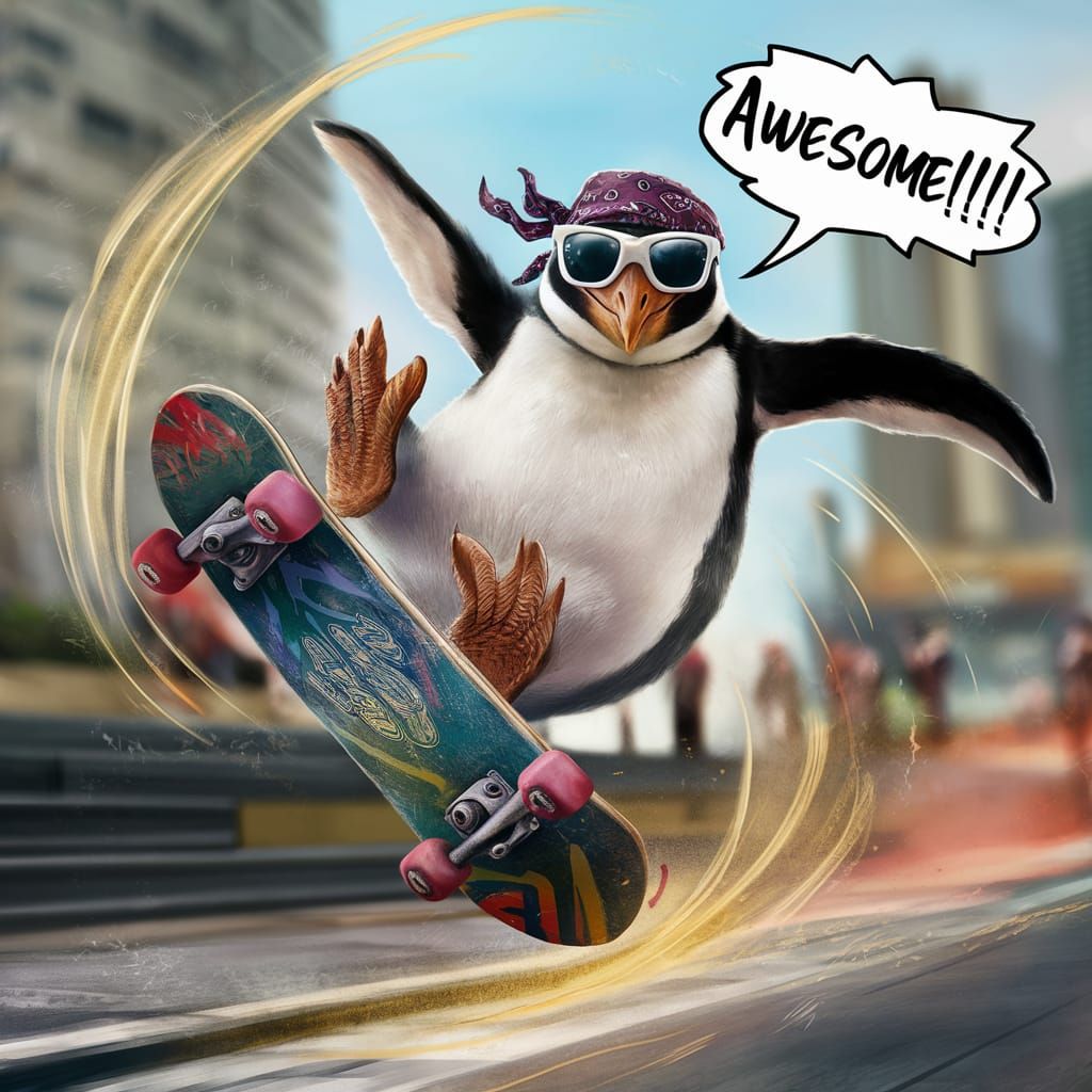 Penguin Backflip on Skateboard Illustration