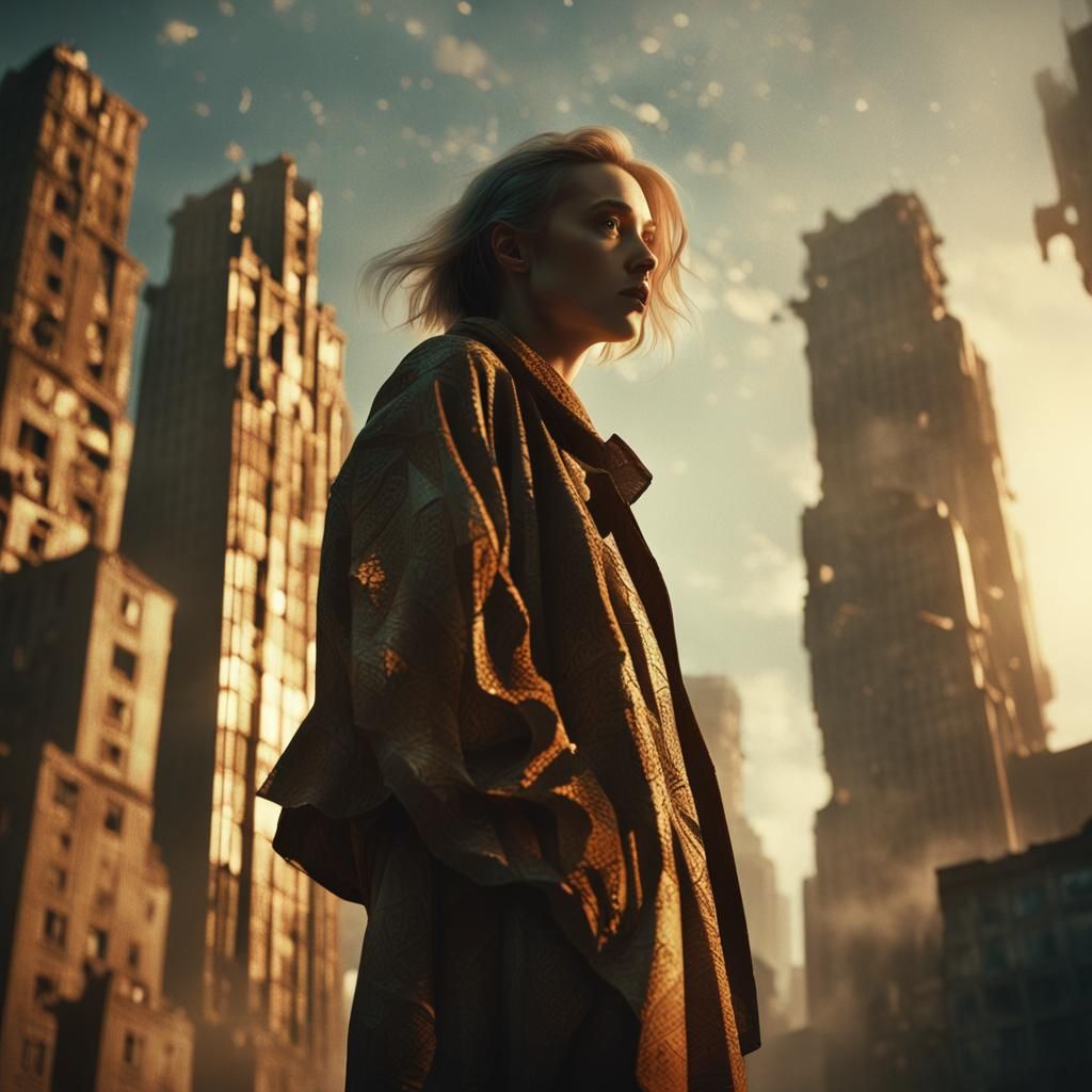 Woman in Abandoned Cityscape: Cubist Art Deco Style