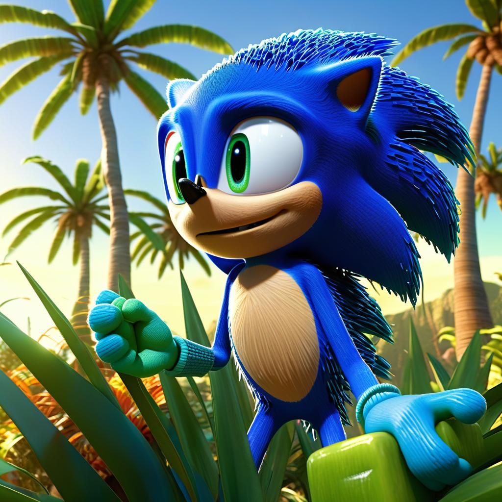 glossy, hyper-realistic, 8k image of Sonic from "Sonic the H...