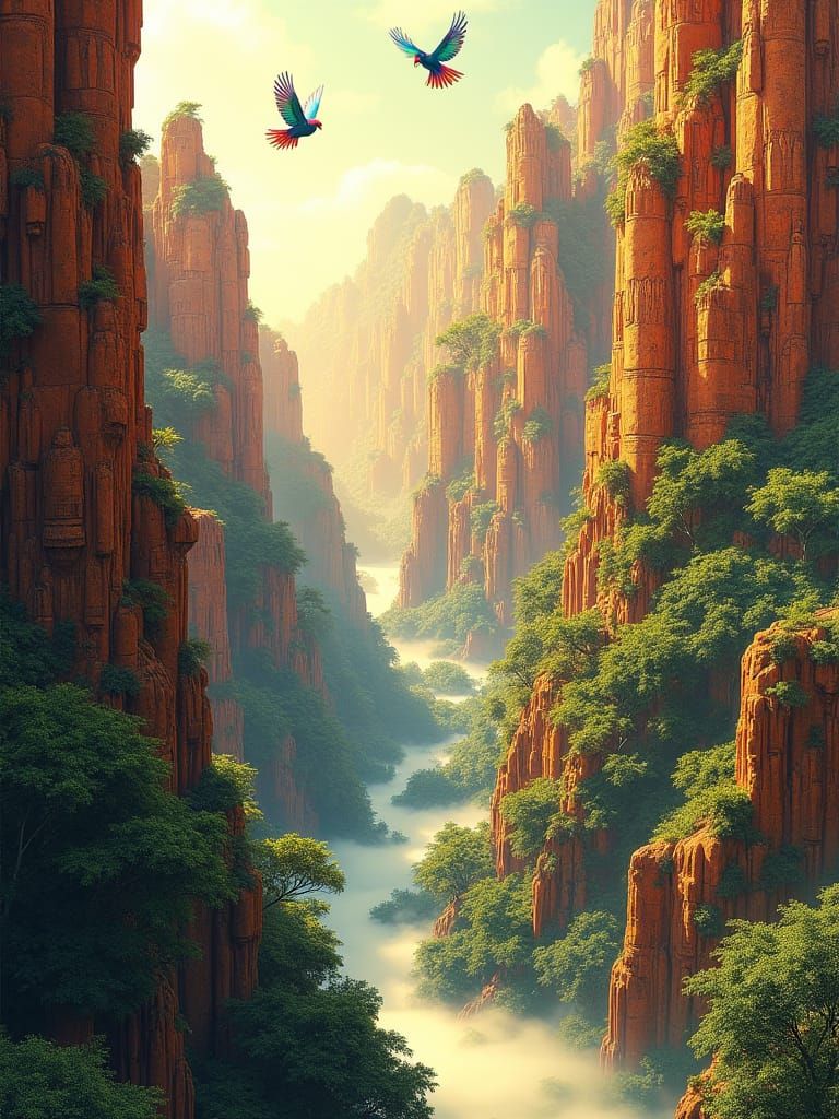 Cyberpunk Canyon with Intricate Dwellings and Parrots