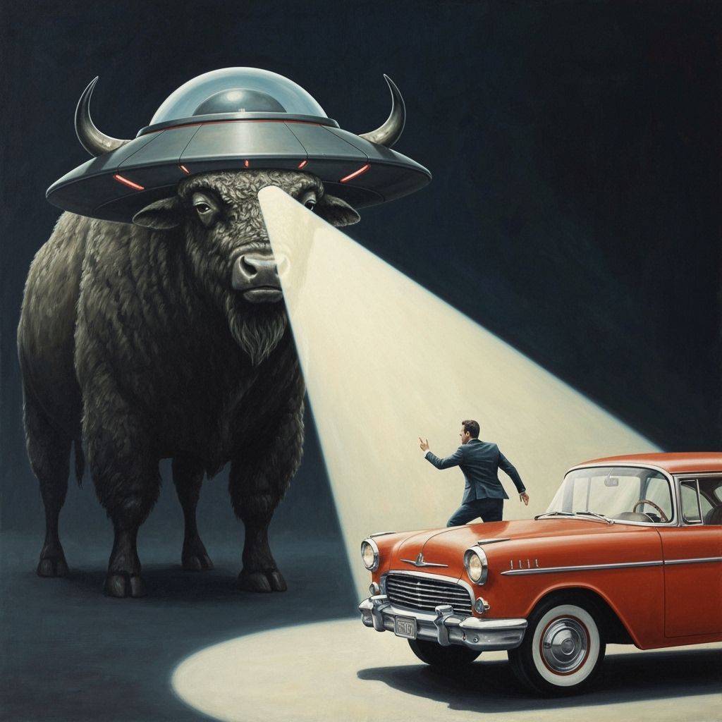 Antropomorphic UFO Buffalo in 50s Street Scene