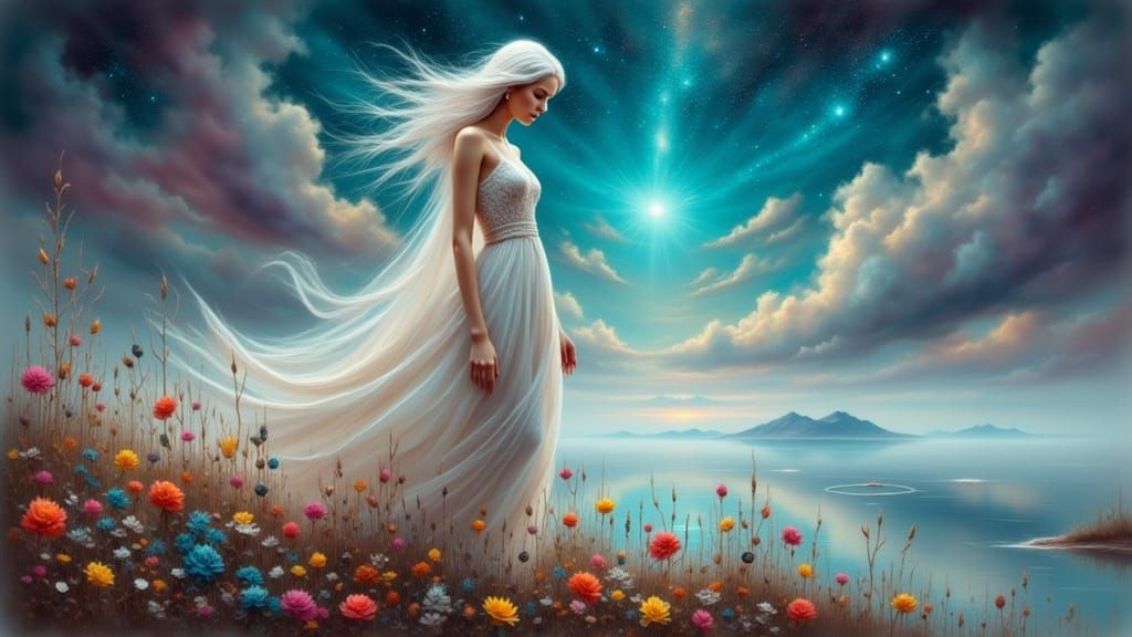 Elegant Woman in Serene Dystopian Landscape