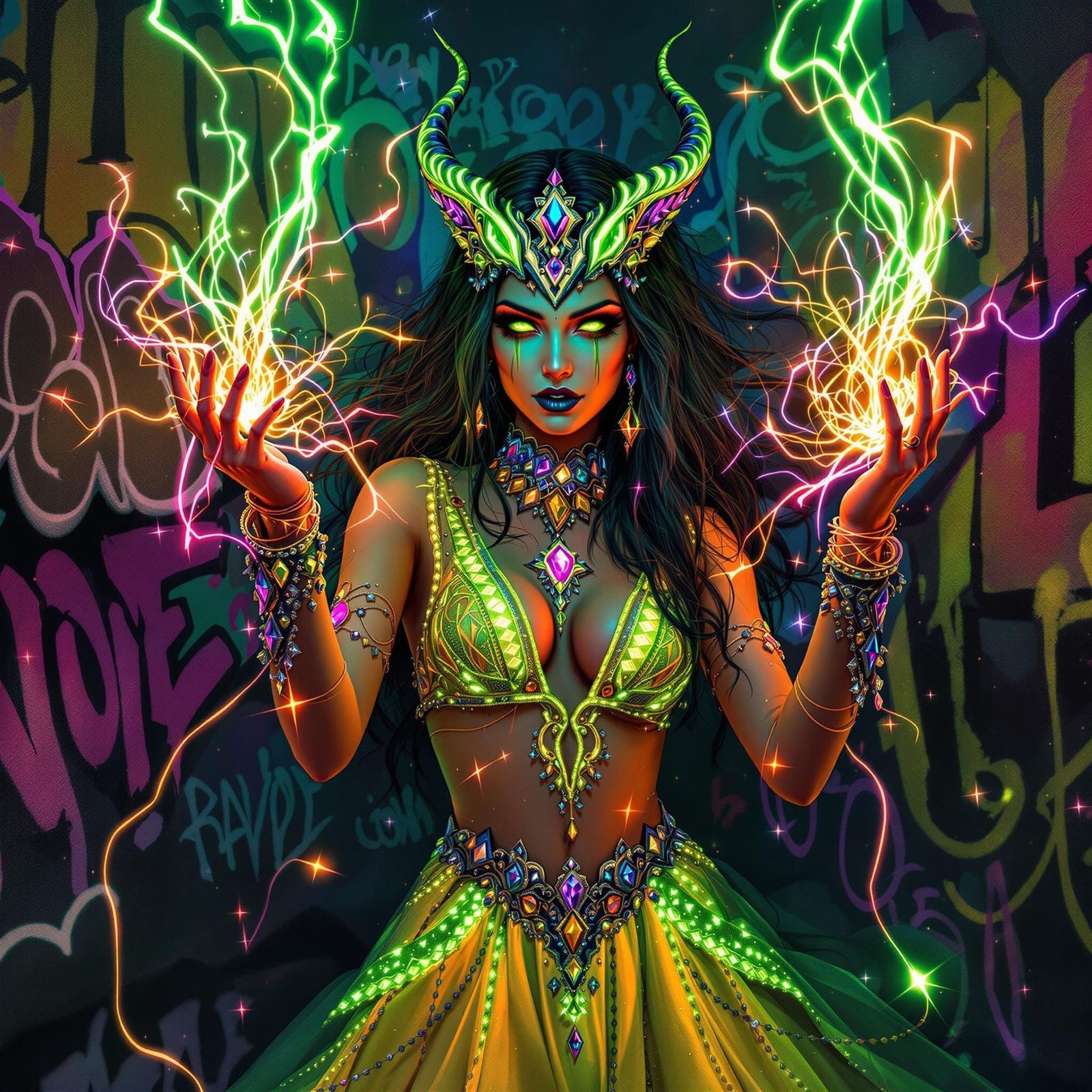 Neon Enchantress Weaving a Spell in Hyperrealistic Style
