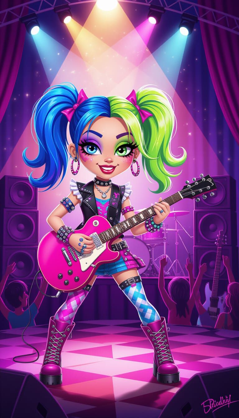 Whimsical Monster High Style Girl Plays Guitar on Stage