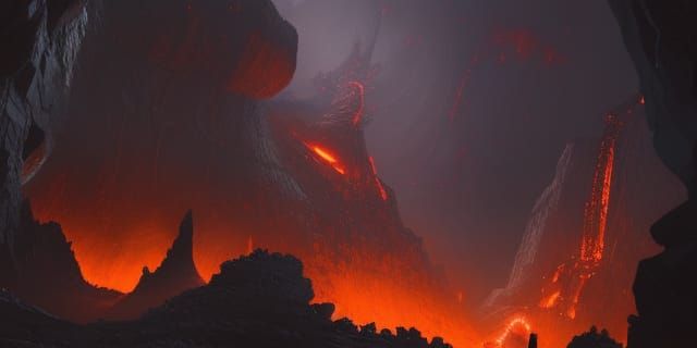 Dark dwarf cave city in a cavern with lava and volcano. a masterpiece, 8k resolution, dark fantasy concept art, by Greg ...