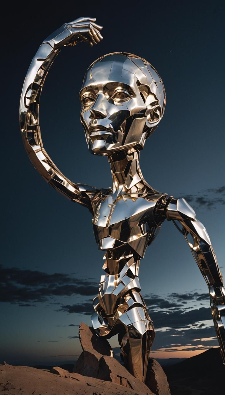 Metallic Figure Sculpture at Twilight Landscape