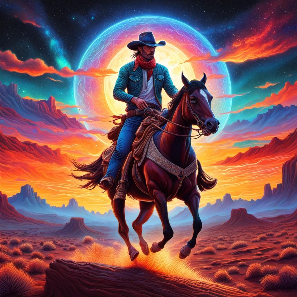 Astral Cowboy Rides into Holographic Sunset