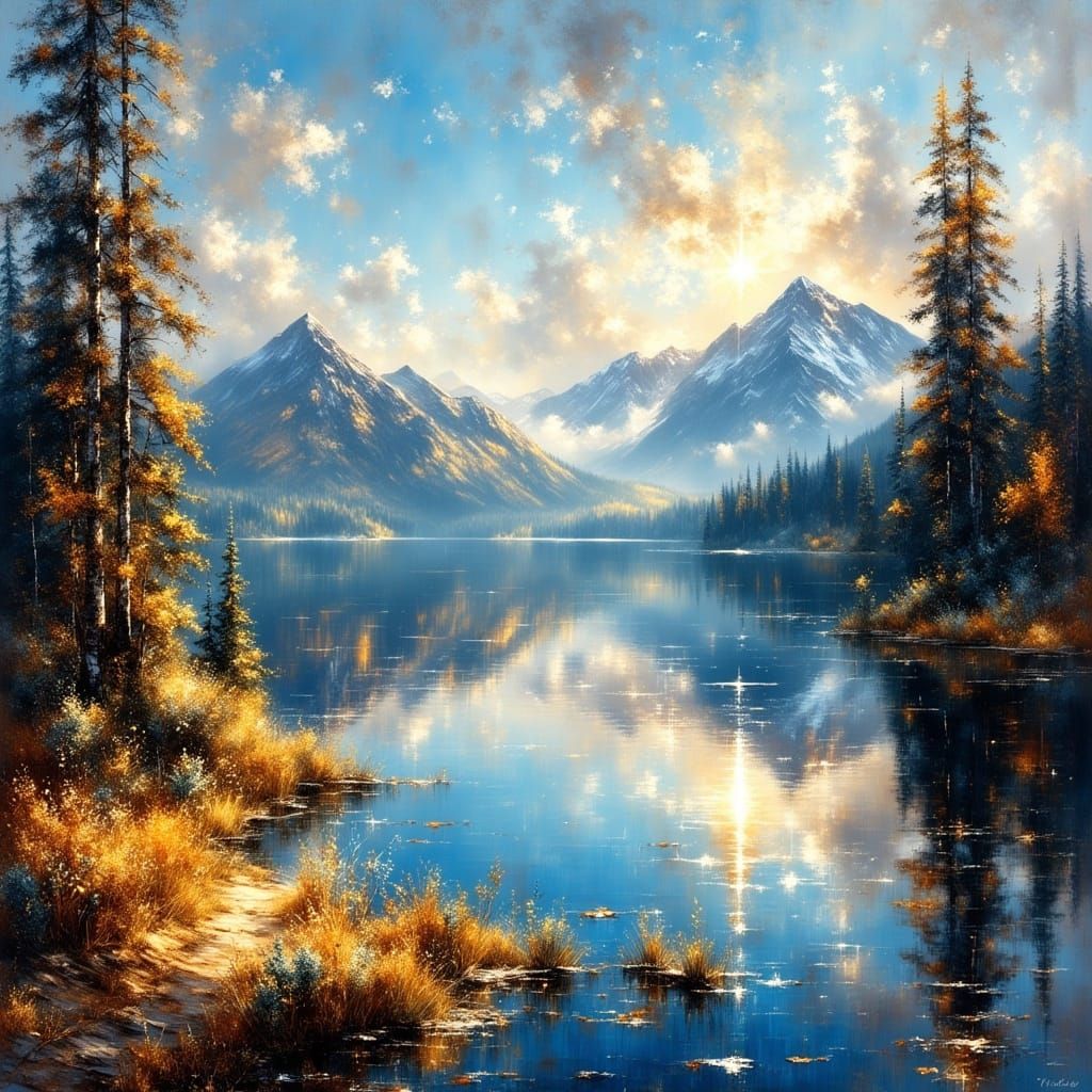 Crater Lake Landscape Oil Painting in Luminism Style