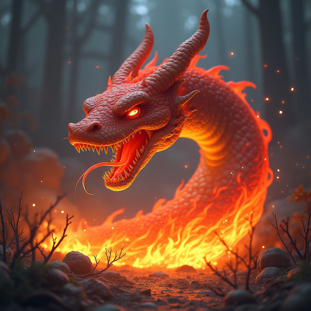 Cartoon Fire Snake Monster in Digital Matte Painting Style