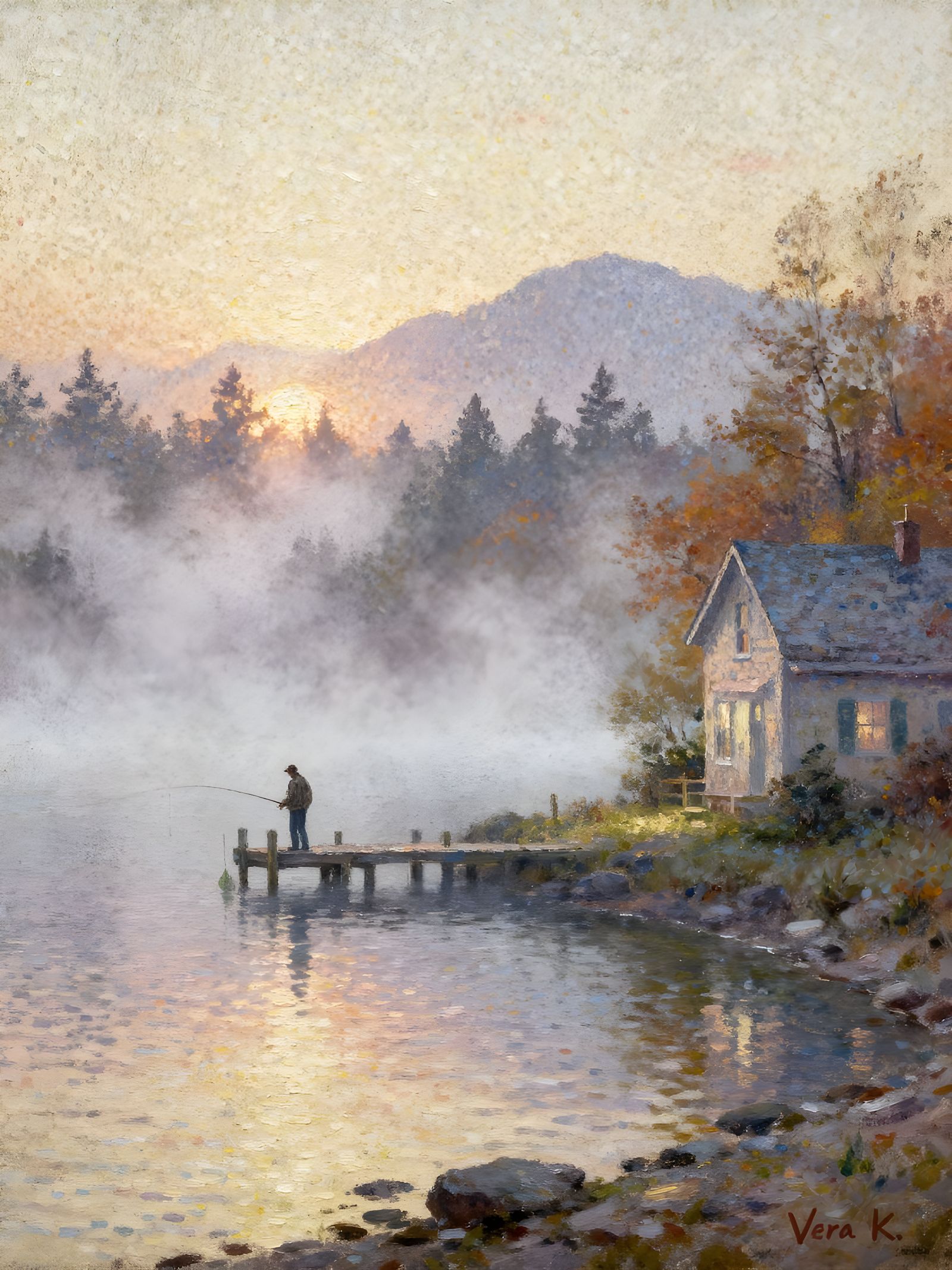 Misty Autumn Lake House Pier at Sunset, Oil Painting